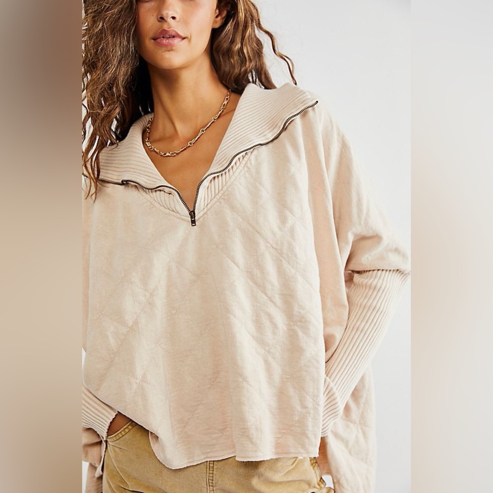 Free People Fp One Shiloh Sweatshirt Pullover Zip Oversized Ribbed sz M beige - Picture 4 of 14